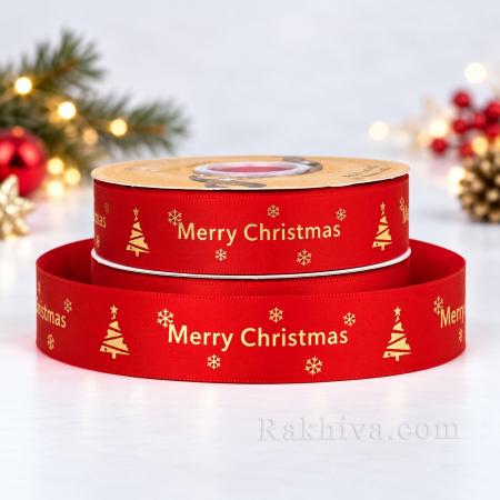 Коледна сатенена панделка Merry Christmas, със златен печат 25 мм / 48 ярда червено/елха (25/48)