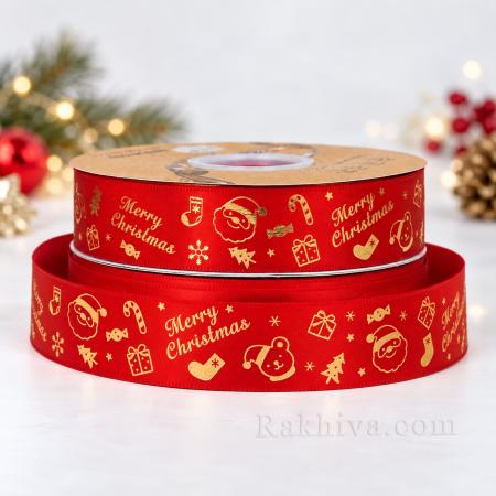 Коледна сатенена панделка Merry Christmas, със златен печат 25 мм / 48 ярда червено/Дядо Коледа (25/48)